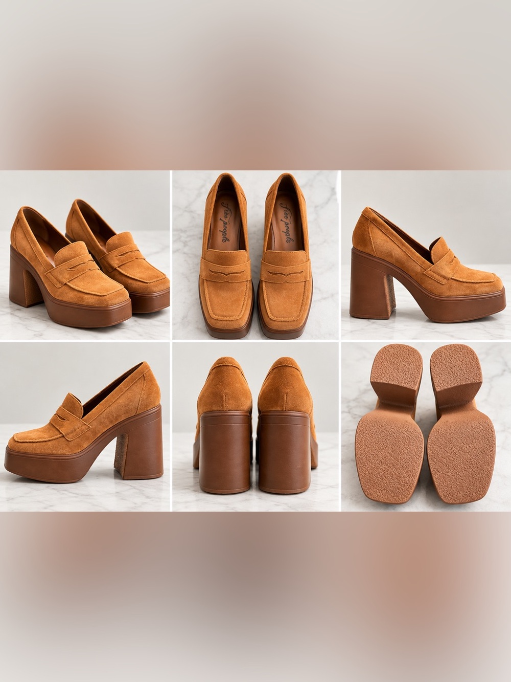 Free People FP Collection Zoe Platform Loafers Suede Brown, Size 39